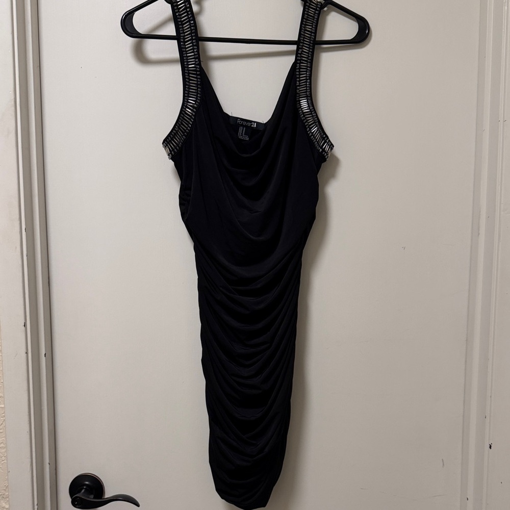 Forever 21 Black Ruched Dress with Silver Accents